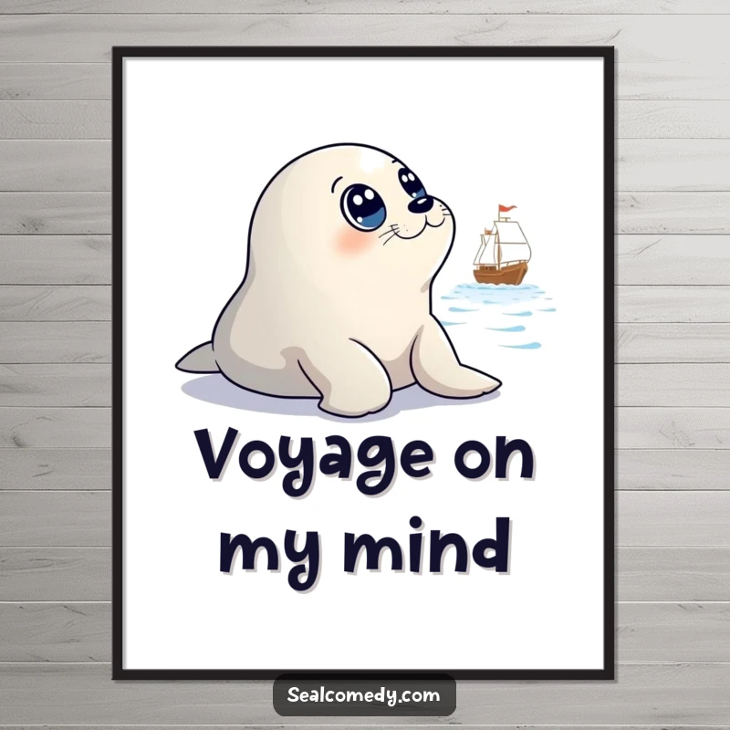 Funny digital art print showing a seal with large, innocent eyes looking at a distant ship, conveying humor and wonder digitally.