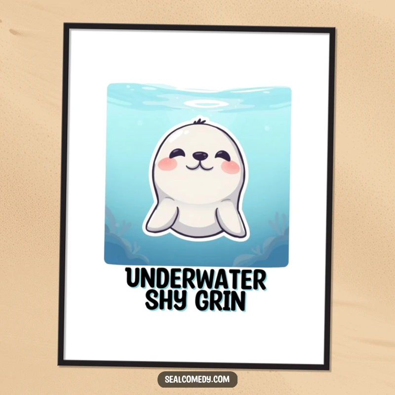 Funny Digital Art Print: A shy seal peeks from underwater with a smile, a humorous and cute artwork.