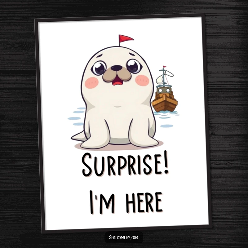Funny surprised seal digital art print, featuring a seal with wide eyes comically reacting to a boat, downloadable humor.