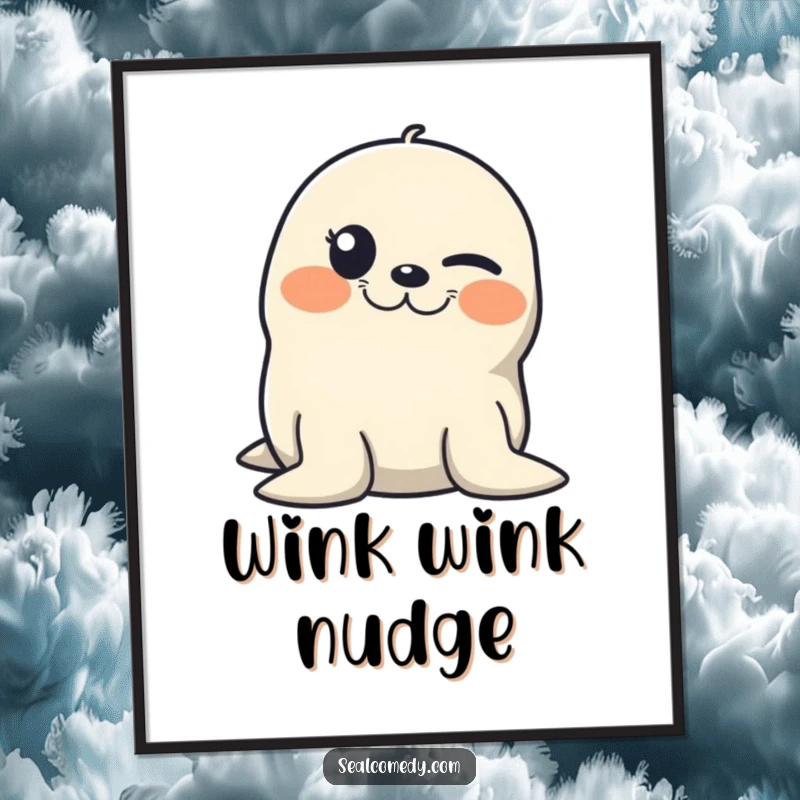 Funny digital art print of a seal winking with a mischievous grin, adding playful humor to walls.