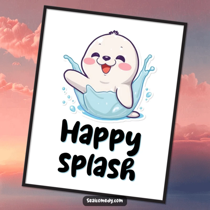 Funny digital art print of a happy seal character joyfully splashing water with its flipper, capturing pure aquatic fun.