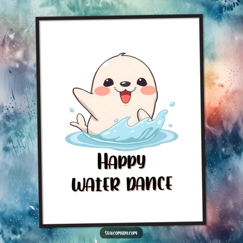 Funny digital art print of a seal character joyfully splashing water with its flipper, perfect for instant download and vibrant decor.