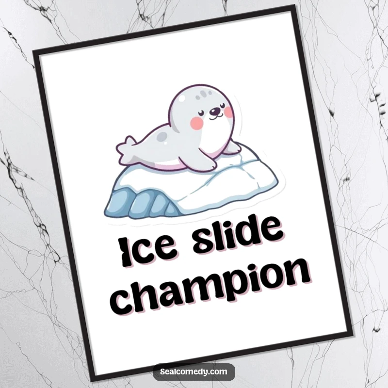 Funny digital art print of a seal character gleefully sliding down an icy slope, perfect for instant download and adding playful flair.