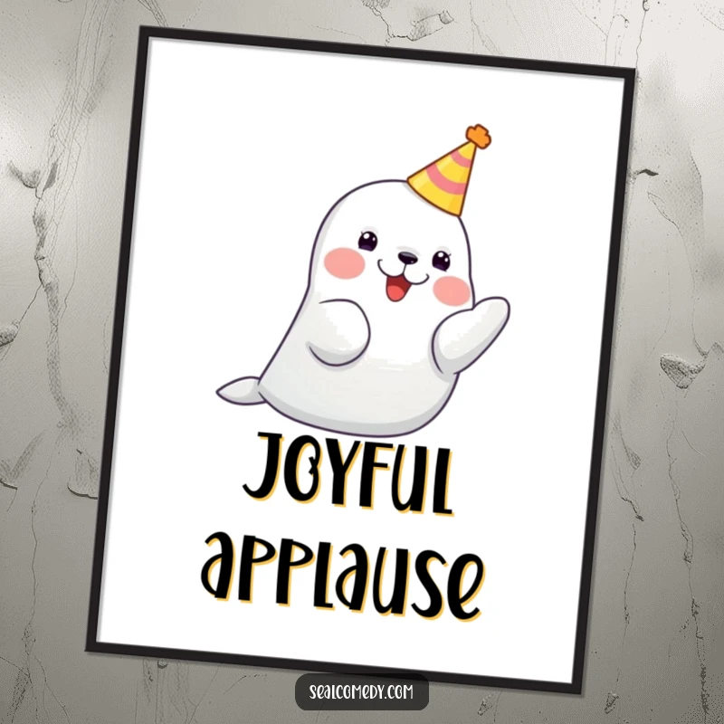 Funny seal wearing a tiny party hat, joyfully clapping its flippers together, a vibrant digital art print.