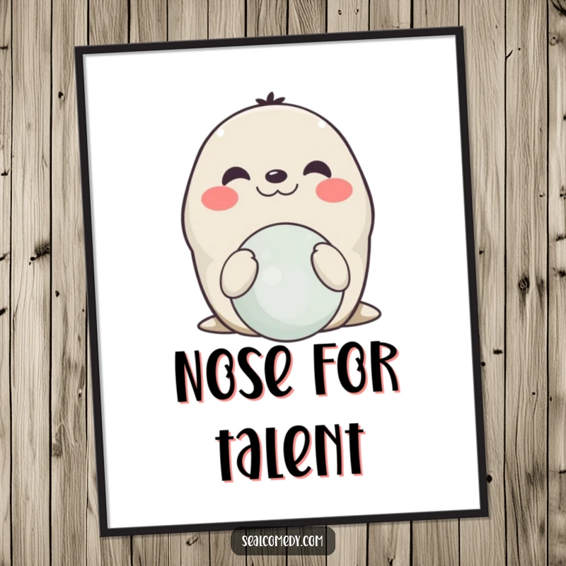 Funny smiling seal digital art print, showing a happy seal balancing a ball on its nose, ready for instant download.