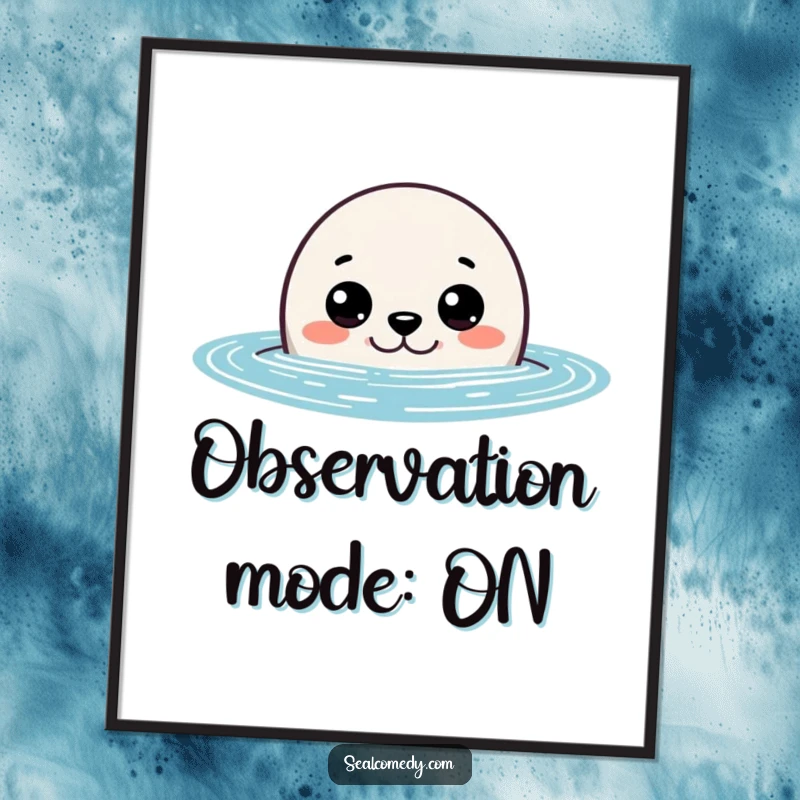 Funny seal digital art print featuring a curious seal peeking out of the water with wide eyes, perfect for instant download and humorous decor.