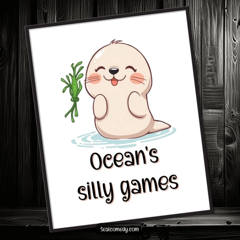 Funny digital art print of a seal playfully batting at a piece of seaweed, capturing joyful ocean moments with humorous appeal.