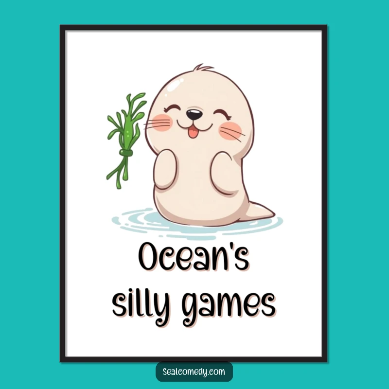 Funny Seal Seaweed Batting Digital Print: Playful Ocean Art, Instant Funny Gift