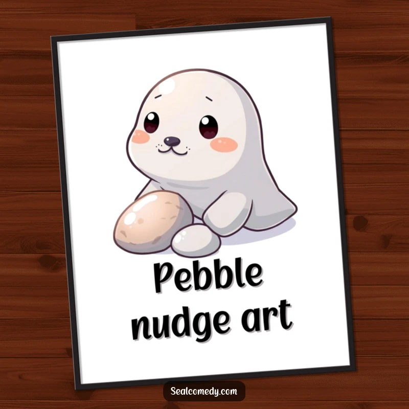 Funny Digital Art Print: A seal nudges a shiny pebble with its snout, a humorous and charming depiction of curiosity.