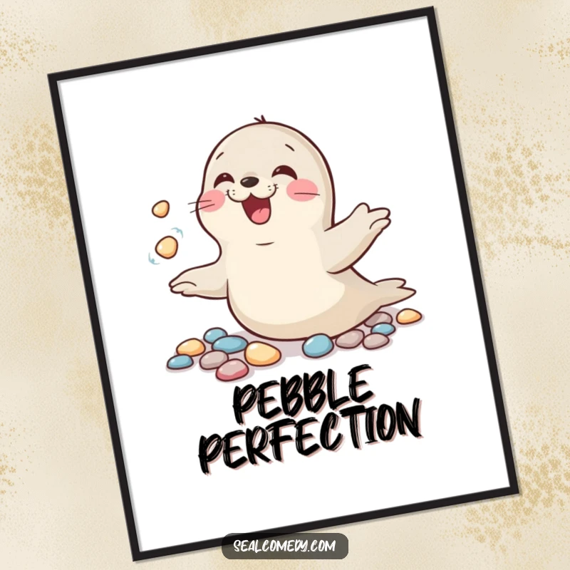 Funny digital art print of a seal in mid-giggle, skillfully juggling shiny pebbles, radiating pure joy.