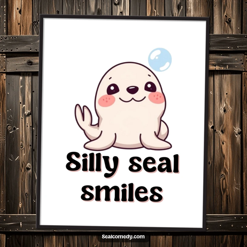Funny Seal Digital Art Print: A seal with a silly smile honking its nose at a bubble. Instant humorous wall art for joy seekers.