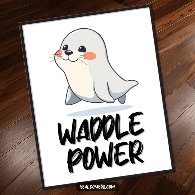 Funny digital art print of a seal waddling with a determined, happy gait, ready to infuse any space with instant motivation and humor.