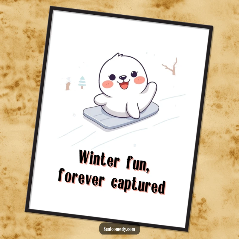 Funny digital art print of a seal gleefully sliding down a snow-covered slope, capturing the pure joy of winter.