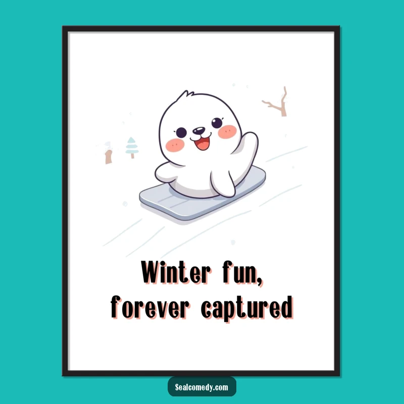 Funny Seal Sliding Digital Art Print: Hilarious Winter Joy for Your Walls