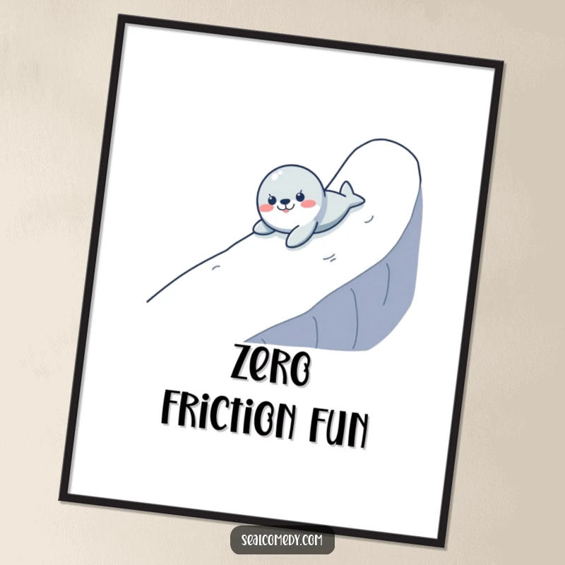 Funny digital art print of a seal comically sliding down a slick, wet incline, conveying pure exhilaration and fun.