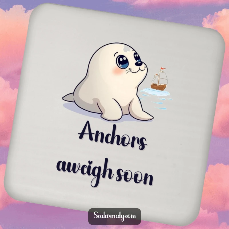 Funny drink coasters featuring a seal with innocent eyes gazing at a distant ship, a humorous and practical item for tabletops.