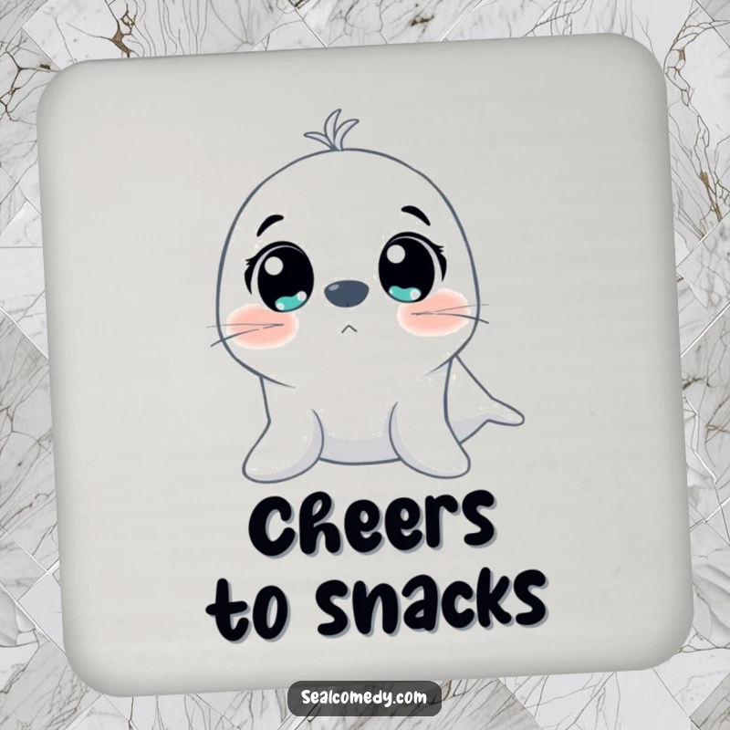 Funny drink coaster showcasing a seal with big, excited eyes looking upwards, adding a touch of wonder and humor to any setting.