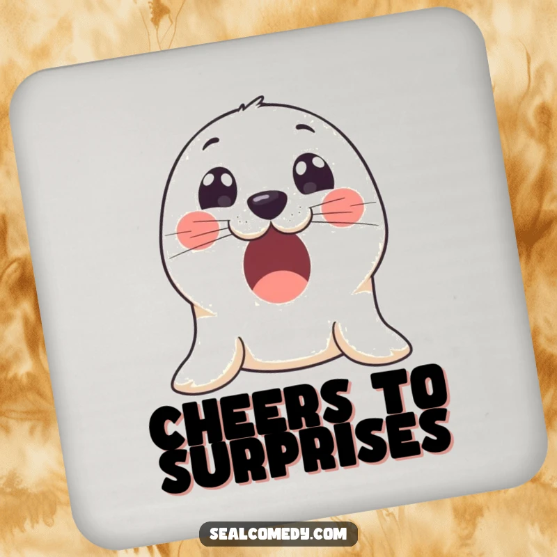 Funny drink coasters featuring an excited seal with wide, innocent eyes, protecting surfaces with a dose of charm.