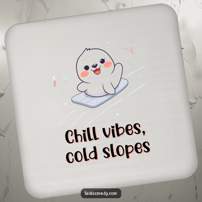Funny drink coaster with an illustration of a seal joyfully sliding down a snow-covered hill, bringing arctic fun.