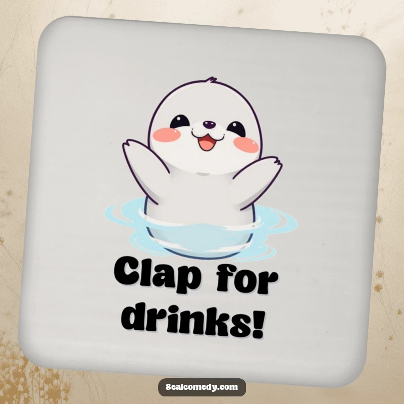 Funny seal drink coasters featuring a happy creature clapping its flippers joyfully in the water, adding cheerful vibes.