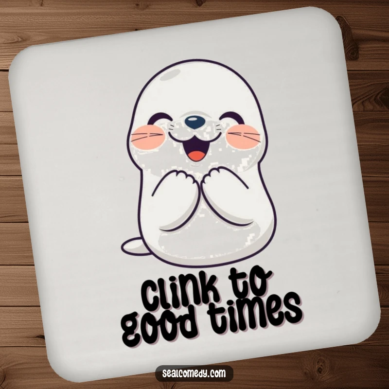 Funny seal coaster featuring a smiling character clapping its flippers together joyfully, protecting surfaces with cheer. A charming home accent.