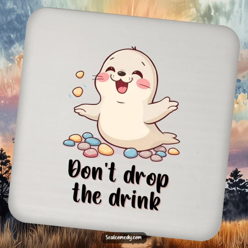 Funny drink coasters featuring a giggling seal juggling shiny pebbles, adding a humorous element to drink service.
