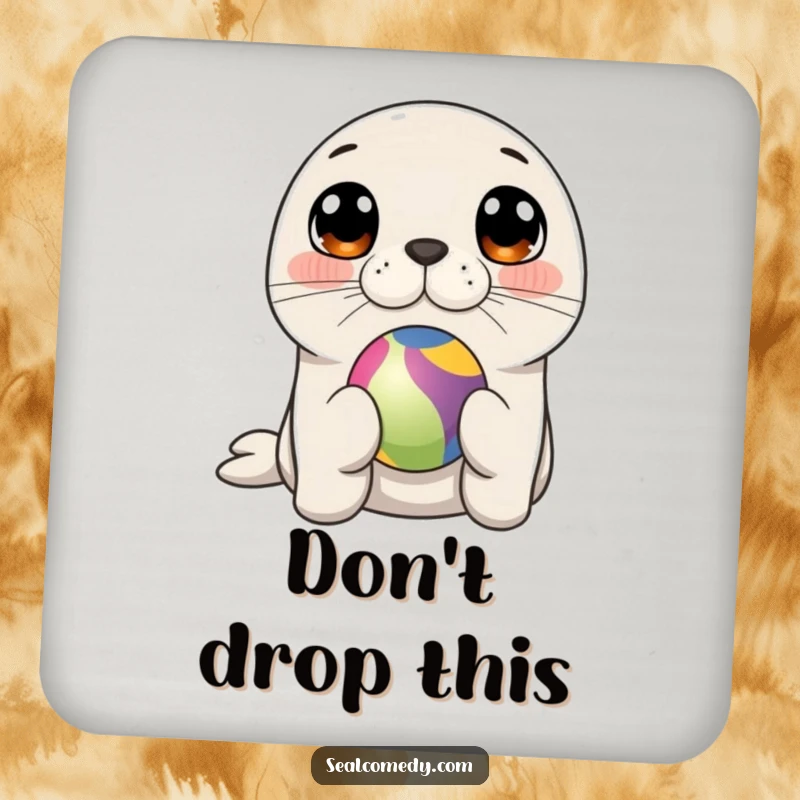 Funny seal balancing a colorful ball on its nose, a cute and functional drink coaster.