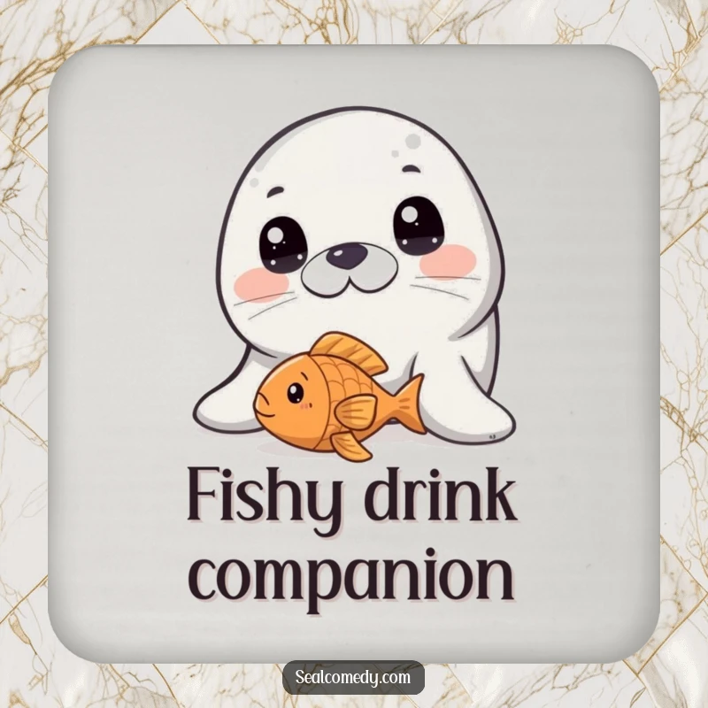 Funny seal with wide, innocent eyes peering at a fish toy, a cute and functional drink coaster.