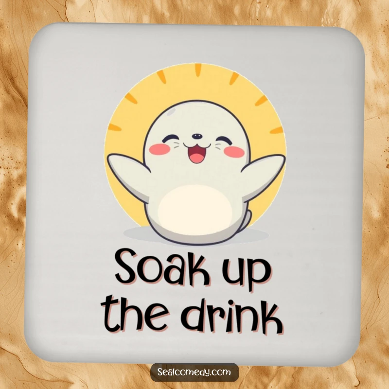Funny basking seal coasters with flippers extended, protecting surfaces with cheerful sunny themes and adorable animal charm.