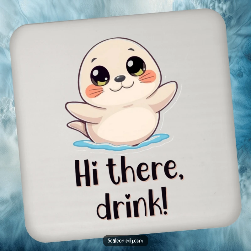 Funny drink coaster featuring a seal with big, curious eyes waving a flipper, adding a cute and protective touch.