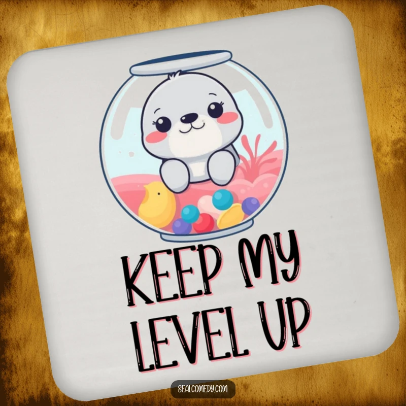 Funny drink coasters featuring a seal peeking from a colorful fishbowl, protecting surfaces with a touch of humor.