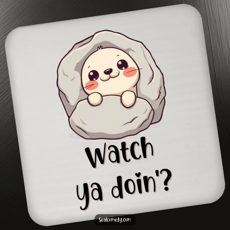 Funny mischievous seal coaster, depicting a seal peeking from behind a rock, adding a playful and protective touch.