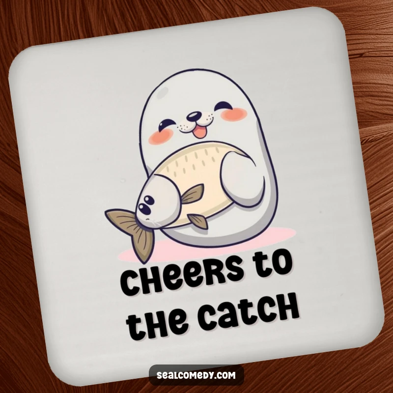 Funny seal drink coaster with a proud seal catching a fish, adding humor and protecting surfaces.