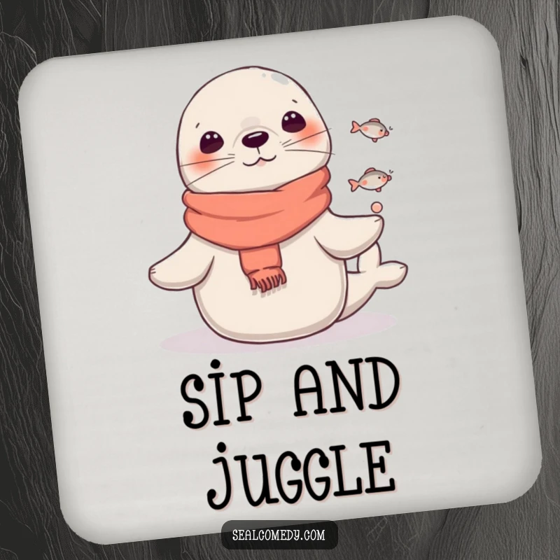 Funny Seal Coaster: A seal juggles fish wearing a scarf, bringing humorous circus flair and protection to your furniture. Great funny gift.