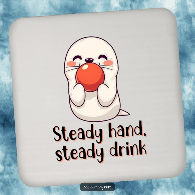 Funny seal coaster featuring a cute character balancing a red ball on its nose, protecting surfaces with humor. A charming home accent.