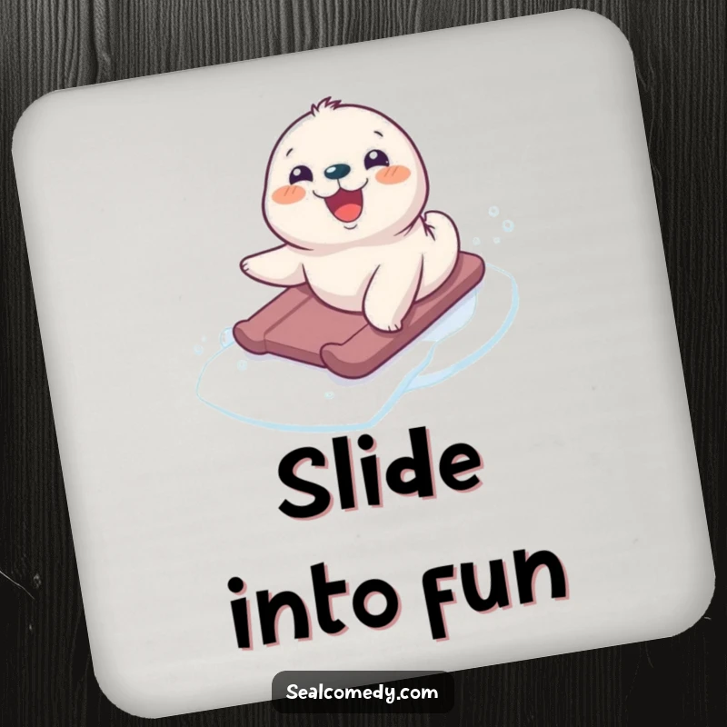 Funny seal pup sliding on ice, illustrated on a protective drink coaster, adding humor to beverage service.