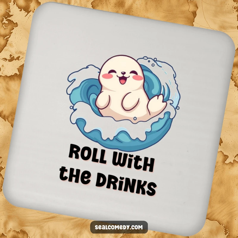 Funny seal coaster doing a playful roll in stylized waves, a delighted marine mammal enjoying the ocean, table protection.