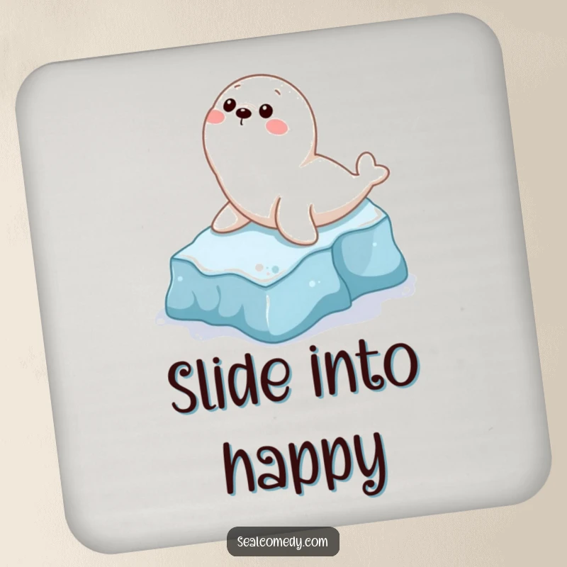 Funny drink coaster featuring a playful seal character sliding down a small icy slope, adding a touch of humor to any table.