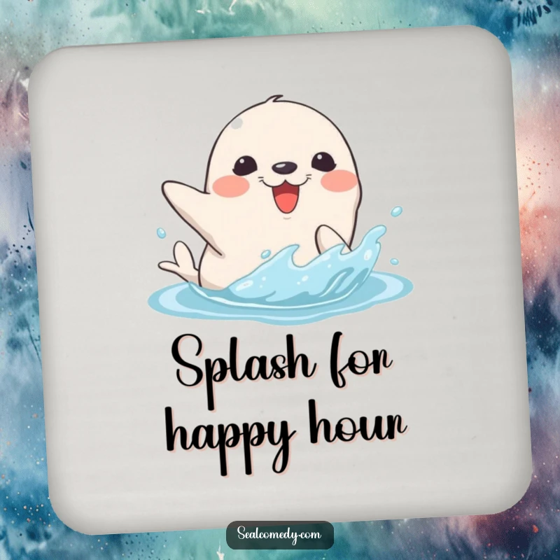 Funny drink coaster showcasing a seal character splashing water with its flipper, adding a playful and humorous touch to any table.