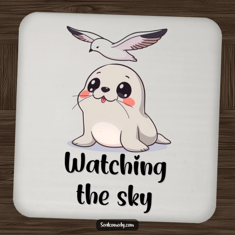Funny Seal Coasters: A seal with wide eyes watches a seagull, showcasing a humorous and protective design for your drinks.