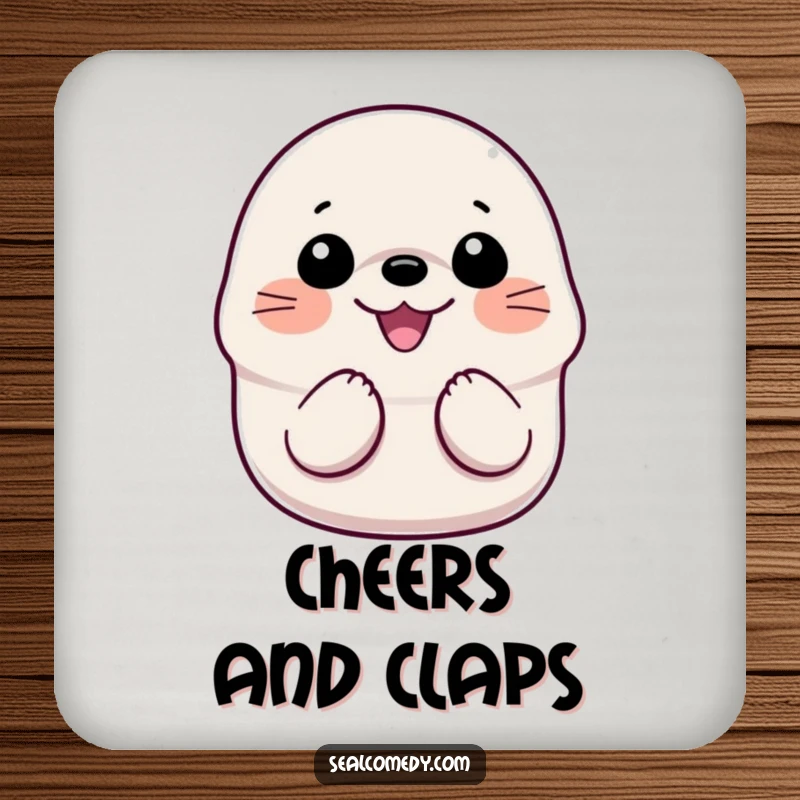 Funny Smiling Seal Coaster: A single drink coaster showing a happy seal with its flippers clapping together in a gesture of pure glee.