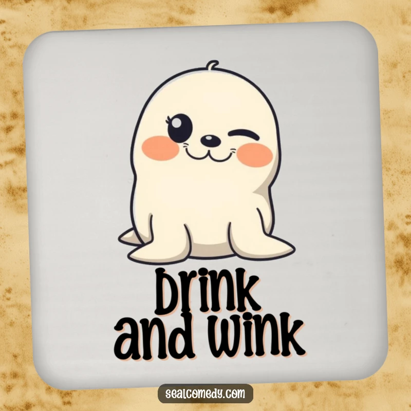 Funny drink coasters featuring a seal winking with a mischievous grin, protecting surfaces with a touch of humor.