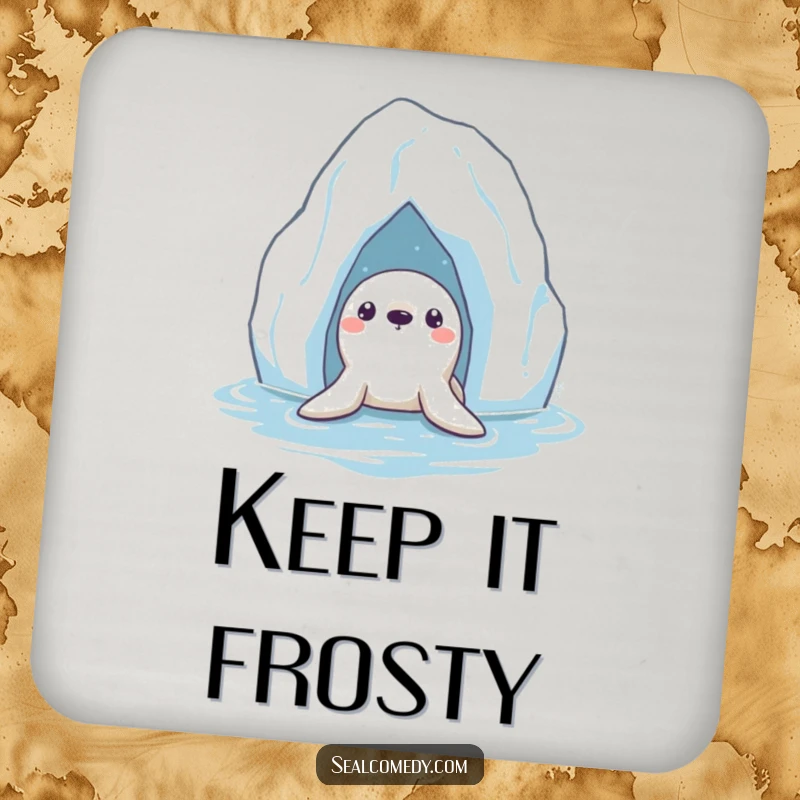 Funny Seal Coaster: A curious seal peeking from beneath a floating iceberg, protecting surfaces with arctic charm.