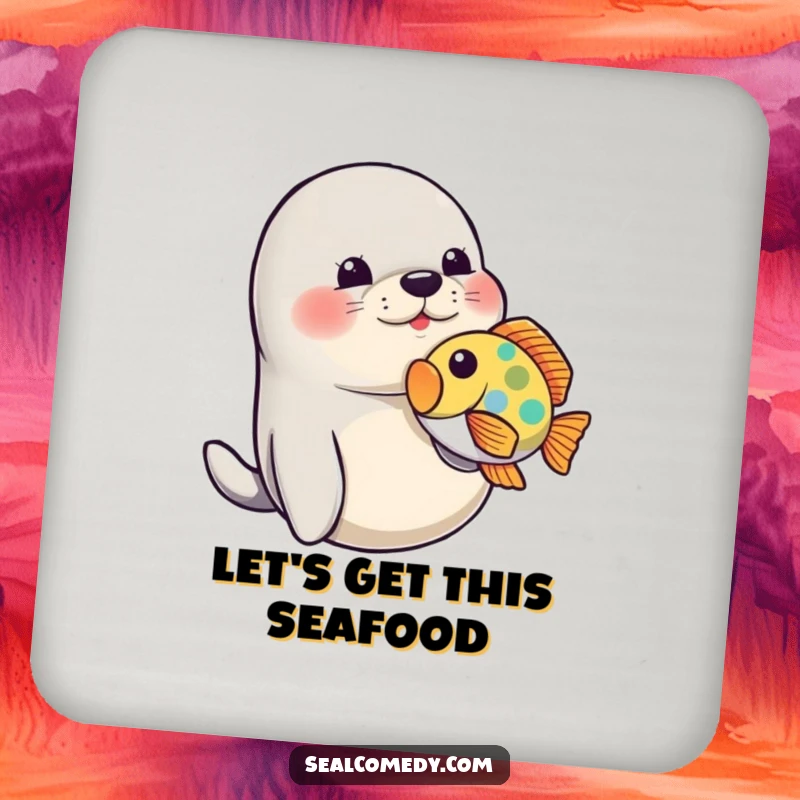 Funny Seal Coasters: A playful seal nudges a fish, showcasing a humorous and protective design for your drinks.