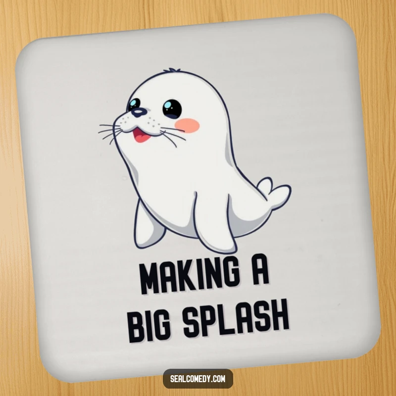 Funny seal drink coaster with an alert seal in a diving pose, protecting surfaces with style.