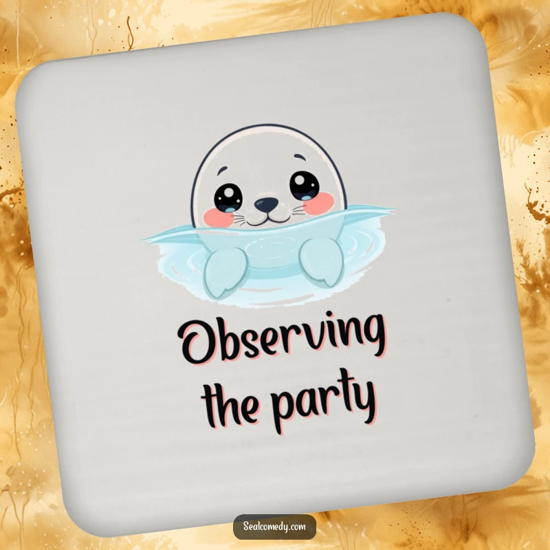 Funny seal pup with wide, curious eyes, peeking its head out of the water, adorning a drink coaster for a touch of humorous intrigue.