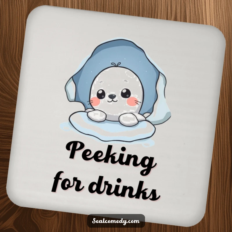 Funny drink coaster showcasing a seal character peeking out from an ice hole, adding a touch of curiosity and humor to any table.