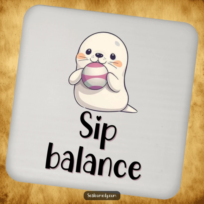 Funny Seal Balancing Ball Coaster: A single drink coaster showing a cute seal with a ball perfectly balanced on the tip of its nose.