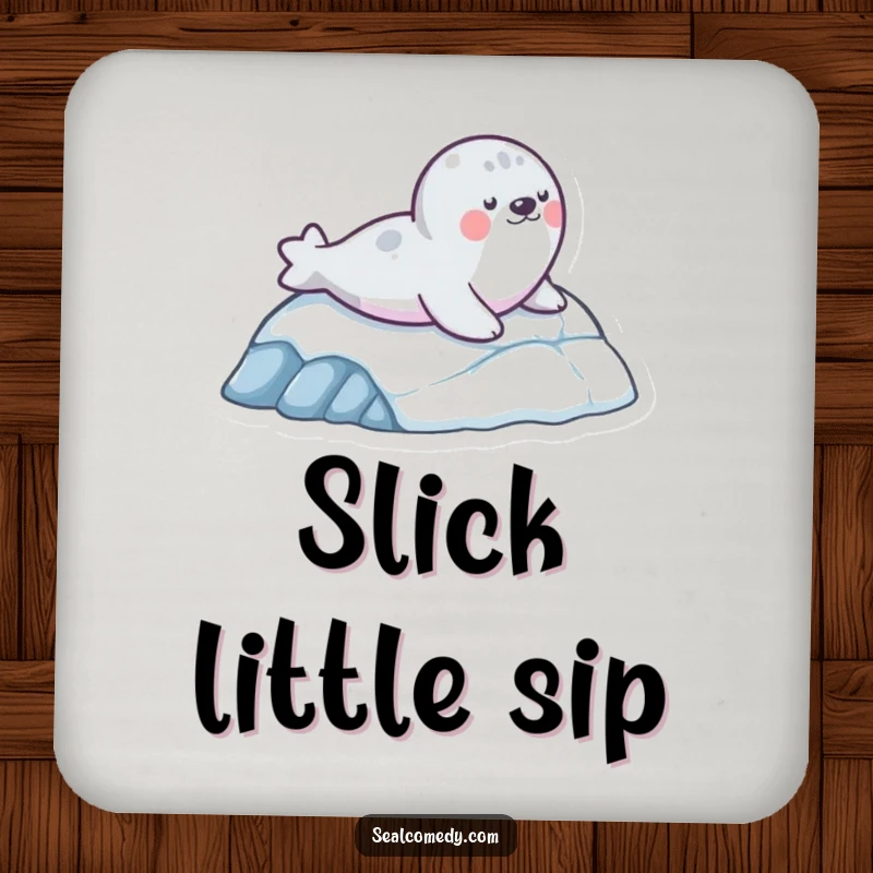 Funny drink coaster showcasing a seal character mid-slide down an icy slope, adding a playful and humorous touch to any table.