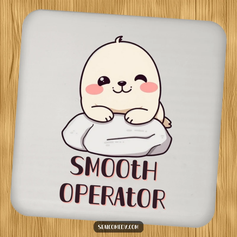 Funny drink coaster featuring a seal resting its chin on a stone, looking pleased, protecting surfaces with a touch of humor.